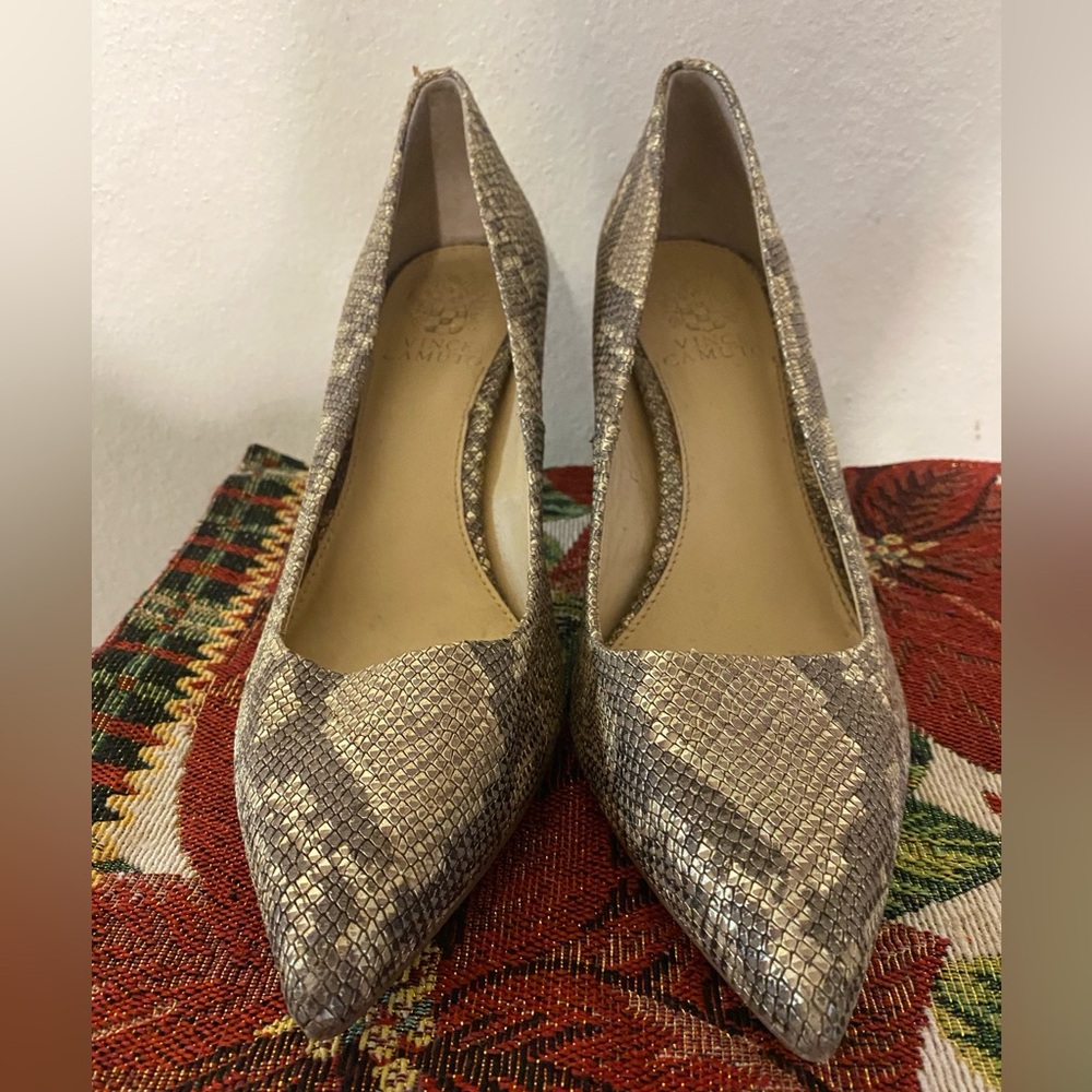Vince Camuto Metallic Snakeskin Pointed Toe Pumps in Taupe - Picture 4 of 8